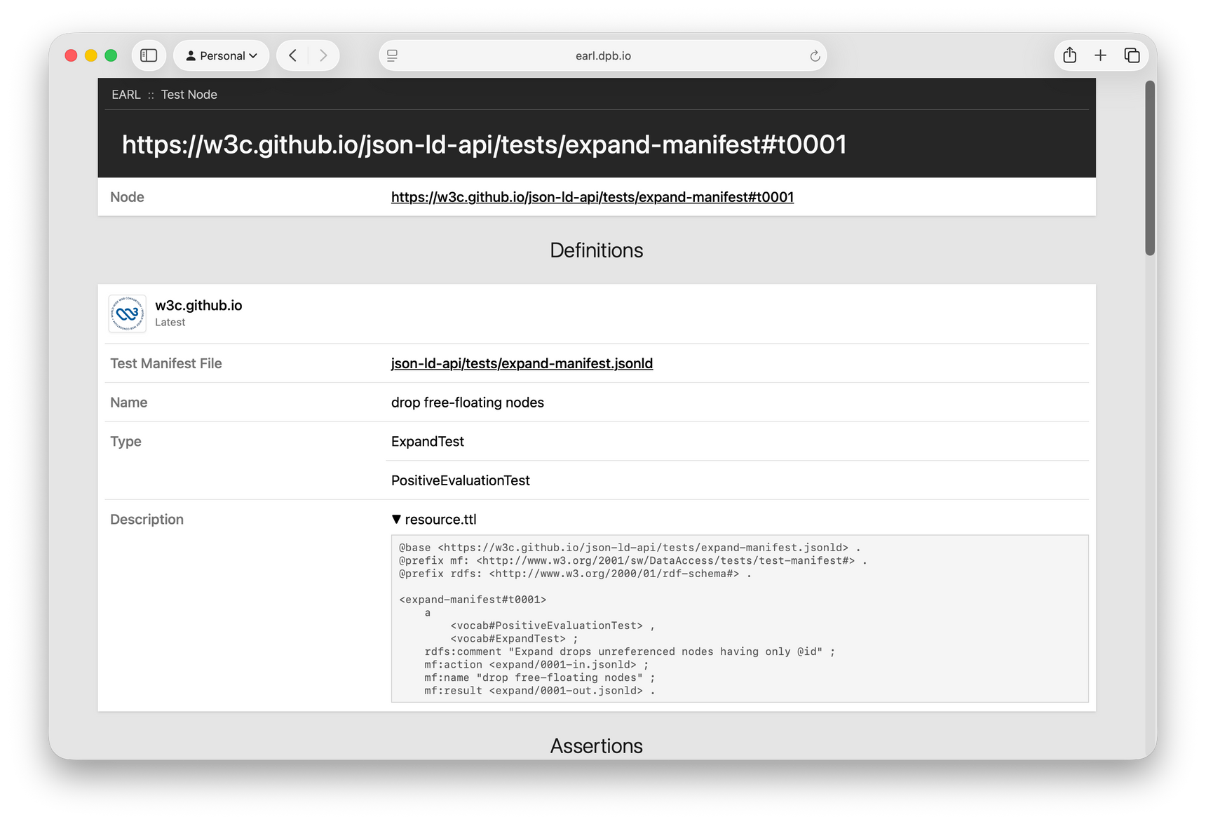 Screenshot: Test Node (https://w3c.github.io/json-ld-api/tests/expand-manifest#t0001)