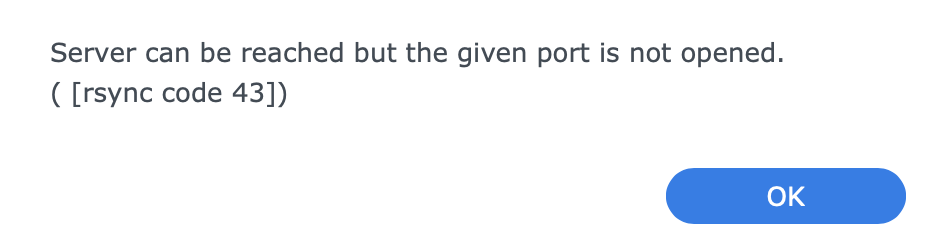 ABB error: Server can be reached but the given port is not opened. ( [rsync code 43])